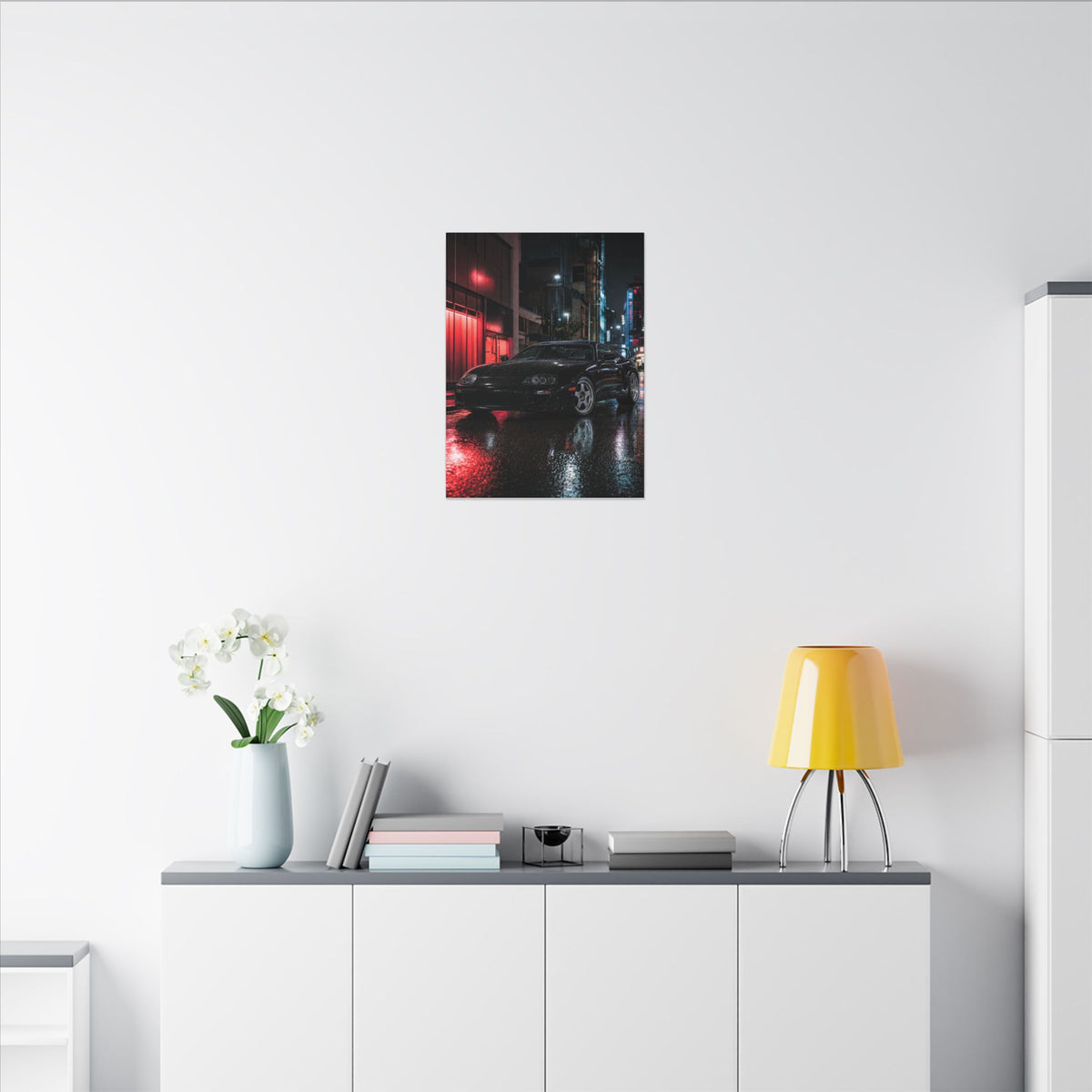 Toyota Supra MK4 Canvas Wall Art — Tokyo Night Rain Photoreal JDM Car Art