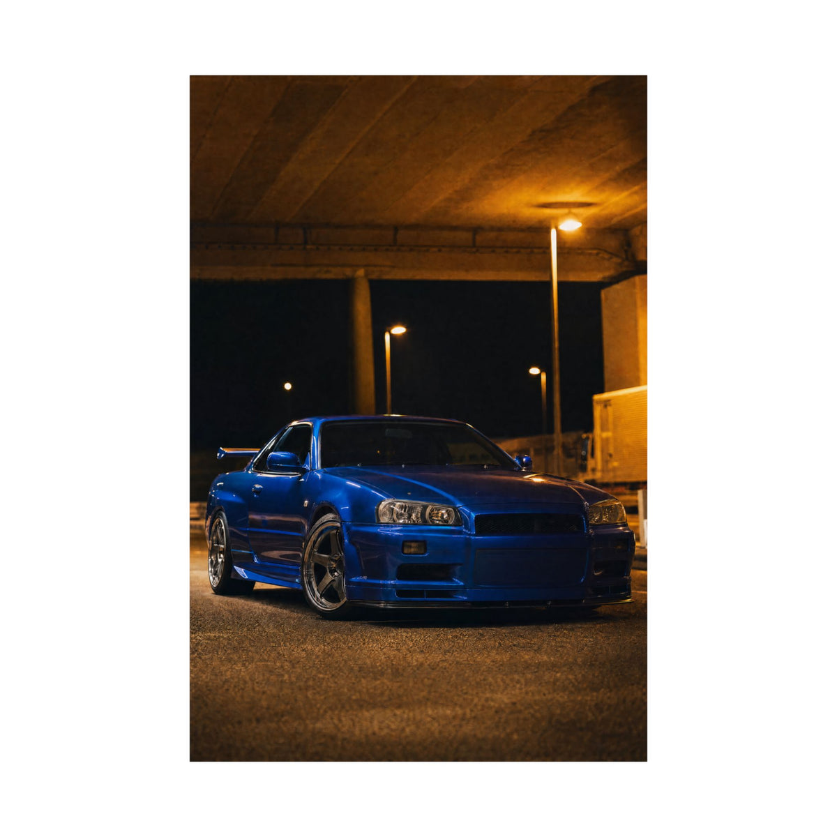 Nissan Skyline GT-R R34 Poster — Bayside Blue Night Photoreal JDM Wall Art