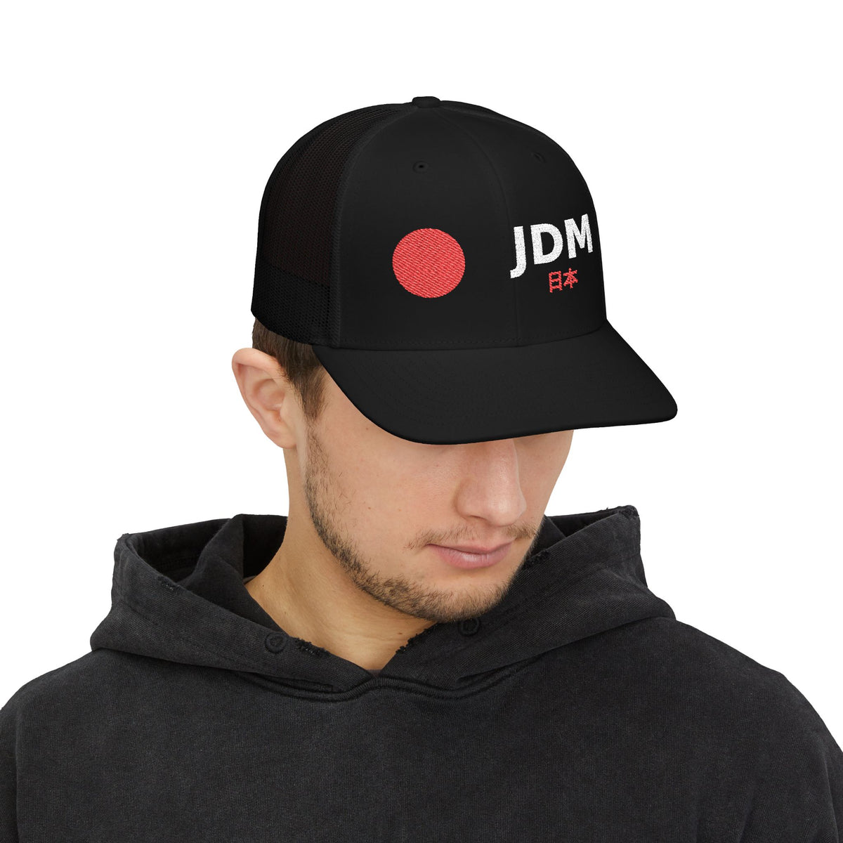JDM Red Sun Hat — Embroidered JDM 日本 Snapback Trucker Cap